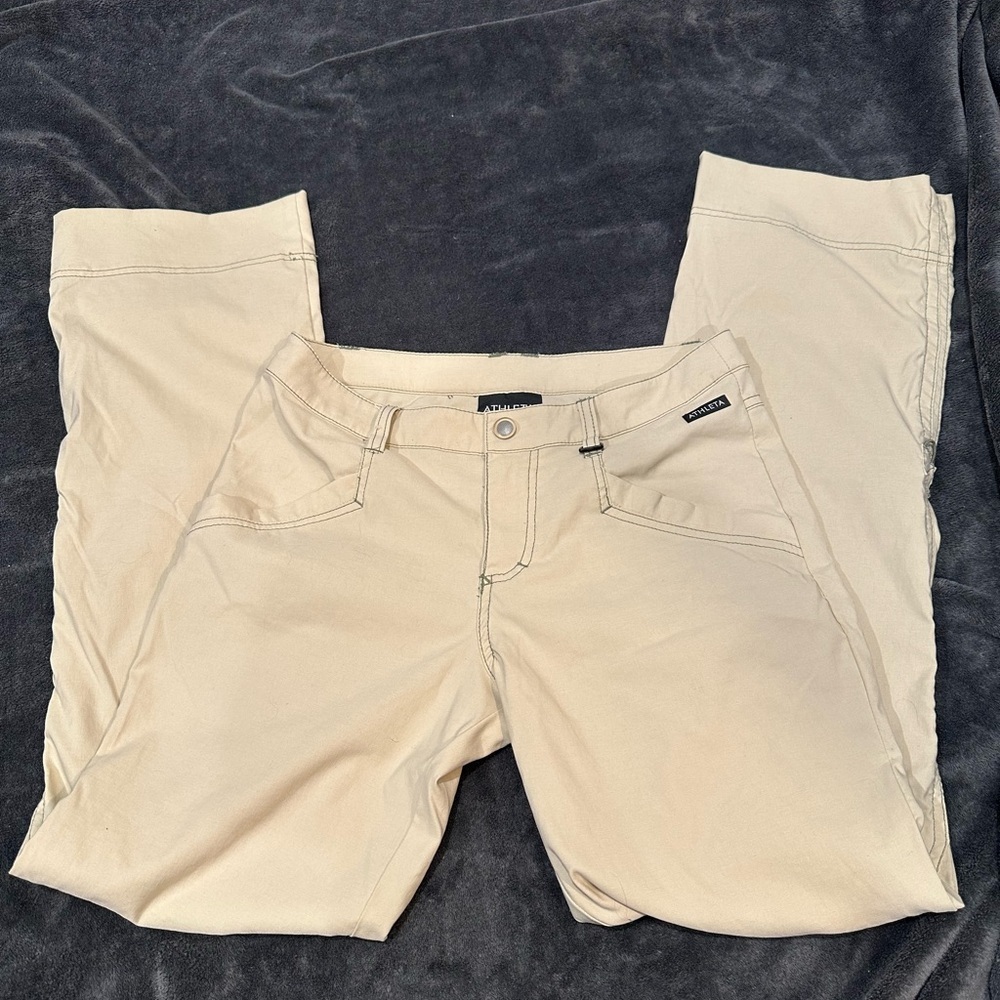 Athleta Pants Womens 4 Beige Nylon Flat Front Mid Rise Stretch Hiking Outdoor *